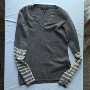 Saks Fifth Avenue Gray and White V-Neck Sweater